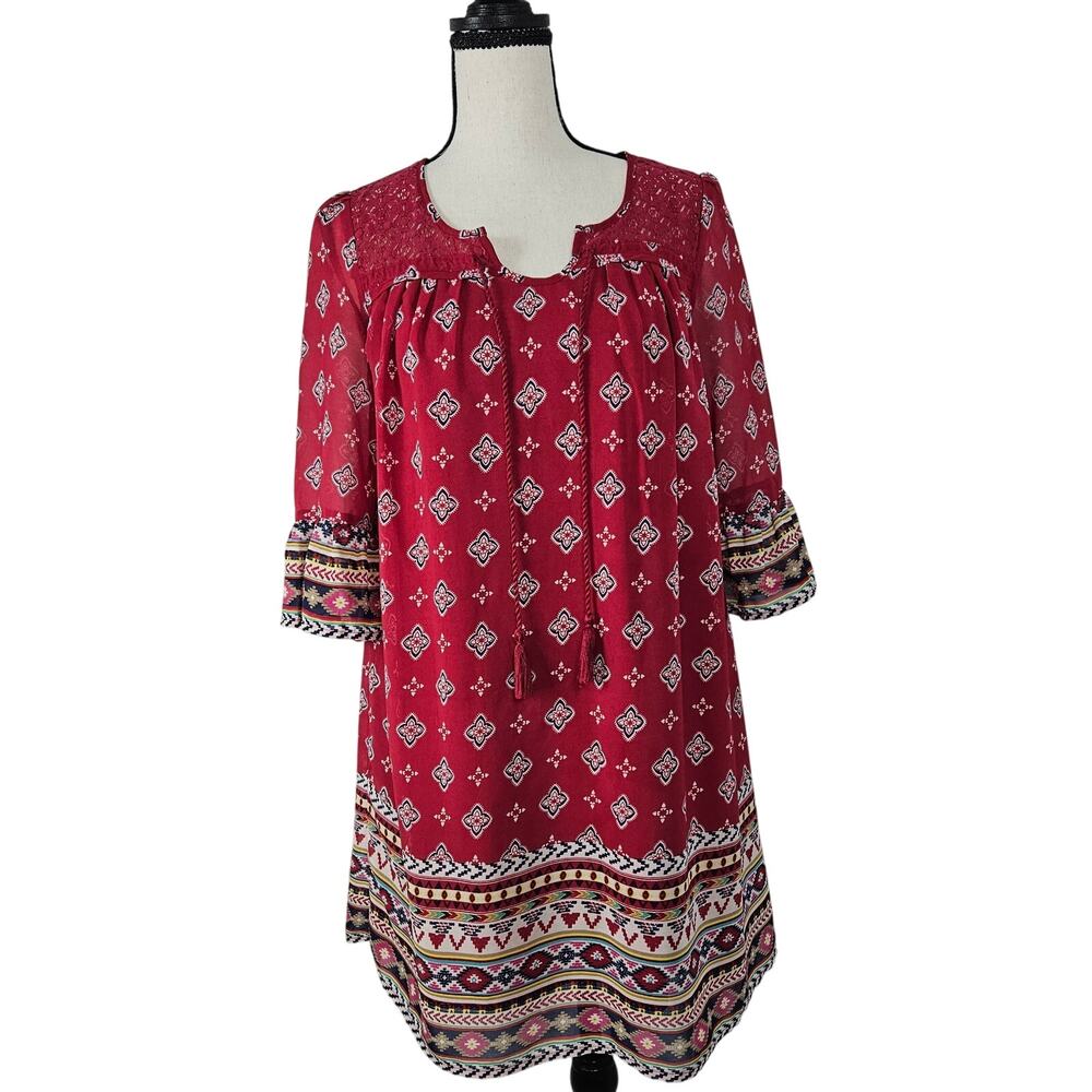 Red Camel Tunic Dress Women XS Red Boho Peasant Lace Neck Rayon 3/4 Sleeve Indie